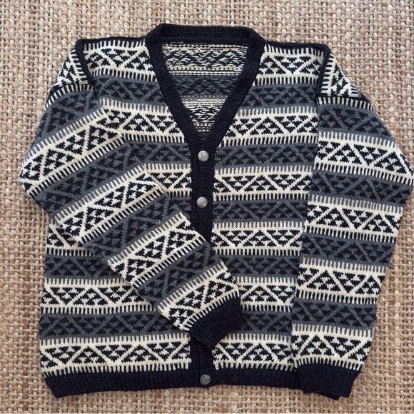 Vintage Black Gray Handmade 
Norwegian Geometric Wool Cardigan - Picture 2 of 11